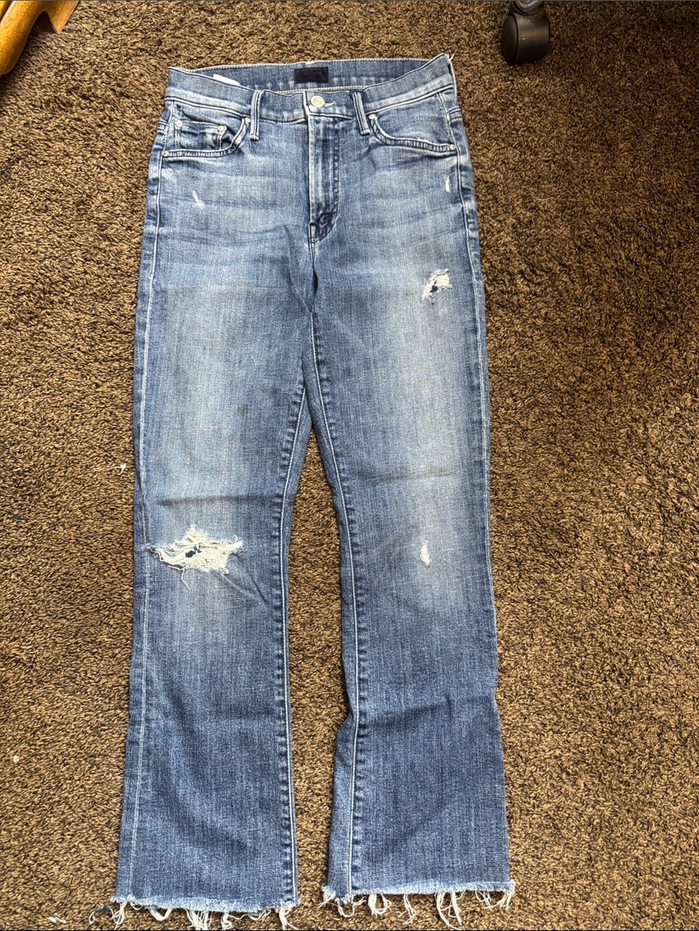 MOTHER Light Blue Distressed Flare Jeans in the style the insider crop fray